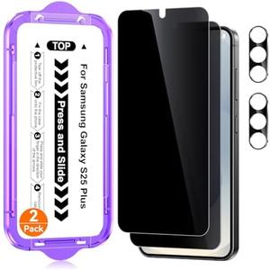 Ksleri 2 Pack for Samsung Galaxy S25+/S25 Plus [6.7 Inch] Privacy Screen Protector + 2 Pack Camera Lens Protector with Easy Installation Kit, Anti-Spy Tempered Glass, Fingerprint Unlock, 9H Hardness