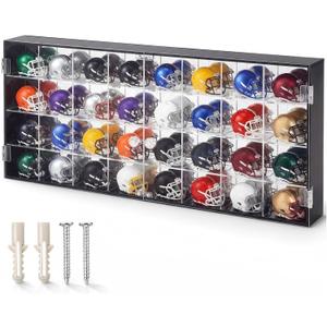 Leinuosen 32 Acrylic Pocket Size Helmet Display Case for Pocket Football Helmets Mini Baseball Helmets Stand Display Cabinet Holder Rack Wall Mount with Clear Double Door, 22 x 8.6 x 2 Inch, 4x8 Grid