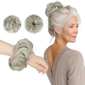 FESHFEN 2PCs Small Messy Bun Hair Piece for Thin Hair Women Girl Mini Synthetic Elastic Wavy Space-bun Scrunchies Updo Hairpieces, Silver Grey
