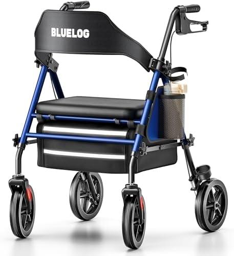 Bluelog Walkers for Seniors Rollator Walkers with Seat, 350lb Capacity with Cup Holder & Cane Holder, 8'' All Terrain Wheels, Adjustable Handles and Seat Height, Foldable Design, Blue