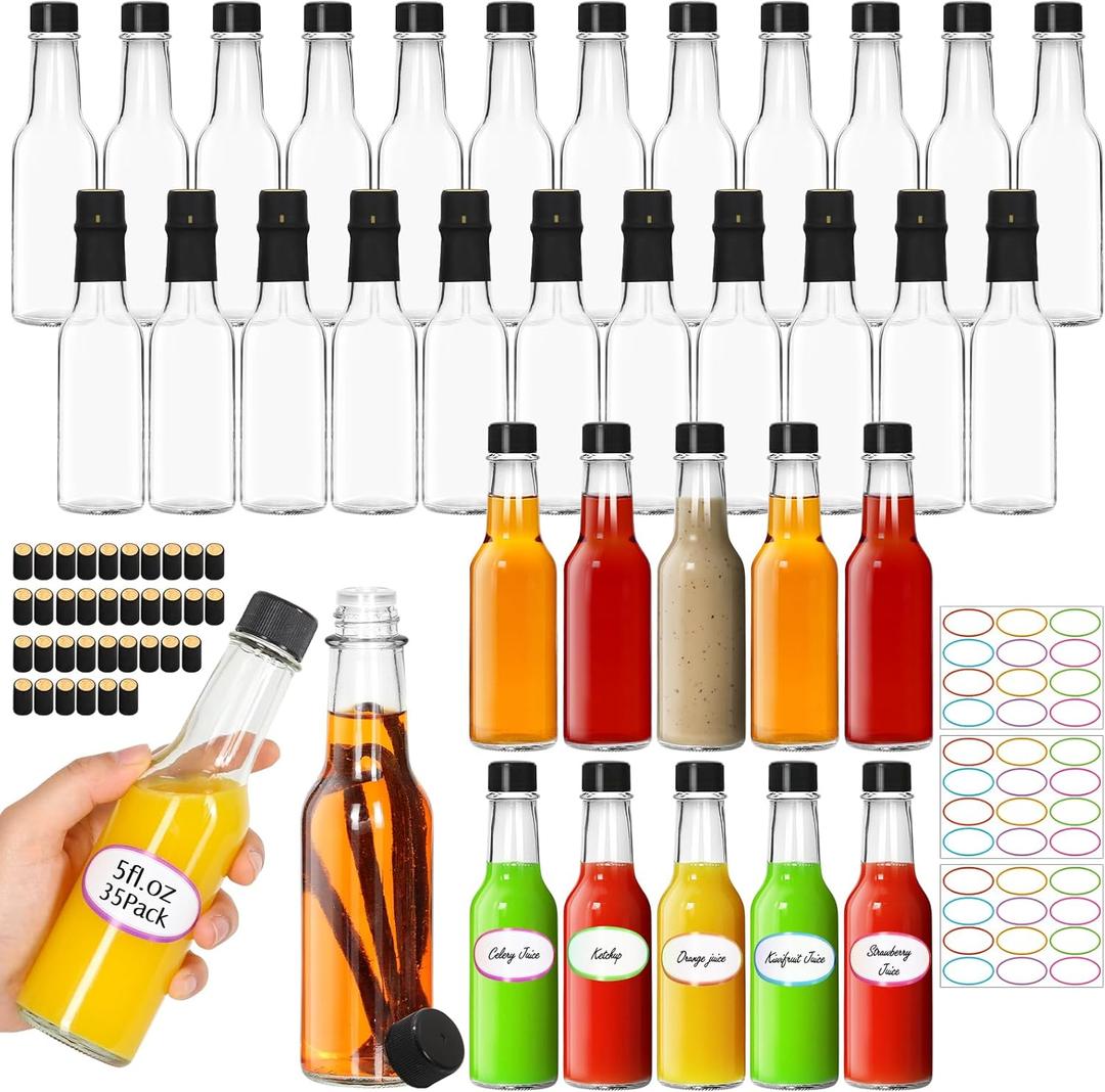AuroTrends Hot Sauce Bottles 5 oz 35Pack, Empty Wine Bottles with Caps/Shrink Capsules/Stickers -5oz Clear Woozy Bottle with Lids (5 fl.oz/ 35Pack)