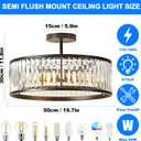 19.7" Modern Crystal Chandeliers Semi Flush Mount Ceiling Light, Black Round Crystal Chandelier Ceiling Lights Fixture for Hallway Bedroom Living Room E12*6