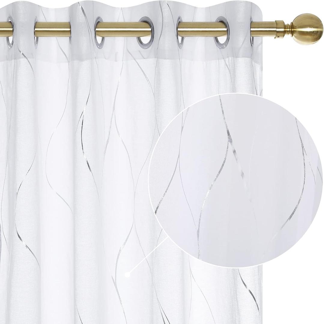 Deconovo Grommet Semi Sheer Curtains 2 PanelsCurtains Sheer for Bedroom, Semi Sheer Light Filtering for Living Room with Wave Pattern Printed, Silver, 52W x 63L