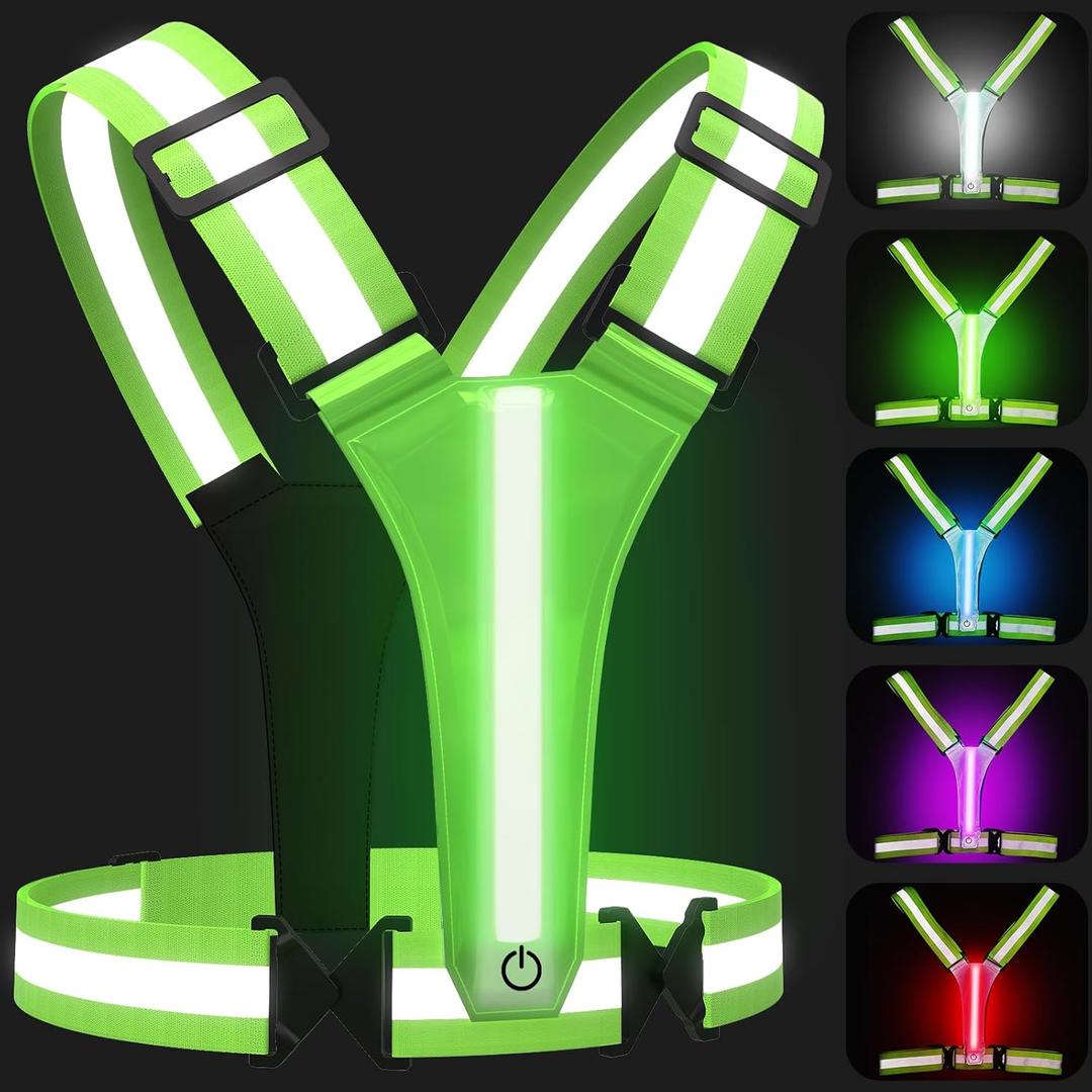 LED Reflective Vest Running Gear, 5 Colors Lights Up Running Vest for Night Walking Cycling Jogging, Adjustable Size for Men Women Kids, Rechargeable and High Visible (Green)