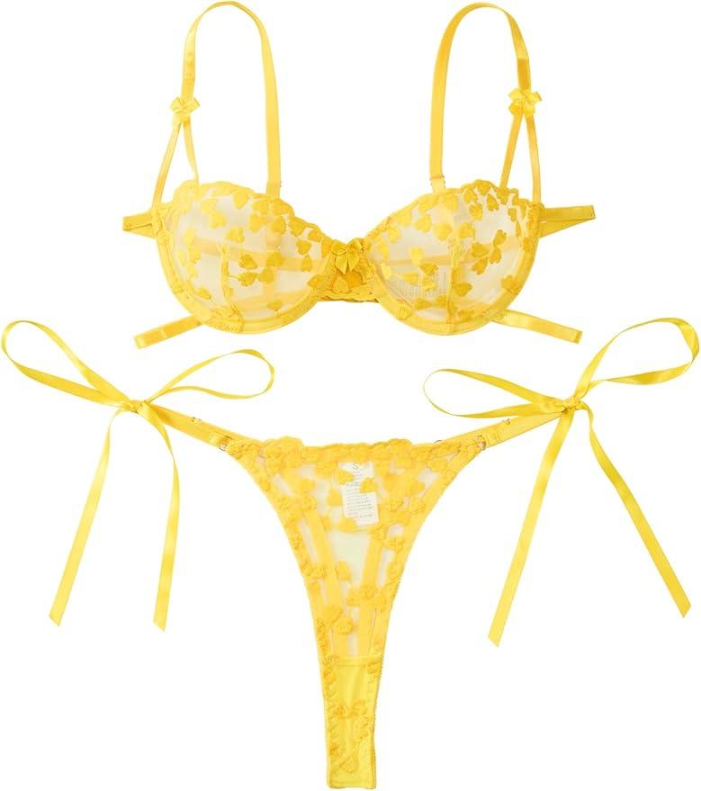 Lilosy Sexy Tie Side Cute Underwire Push Up Strappy Embroidered Mesh Sheer Lingerie Set, size Medium