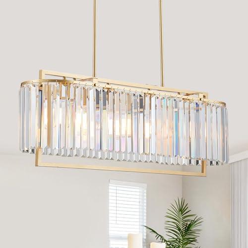 Majhoiw 33" Modern Chandeliers for Dining Room, Luxury Rectangle Gold Crystal 4-Light Kitchen Island Lighting Over Table, Linear Hanging Pendant Light Fixture for Living Room Entryway Foyer Hallway
