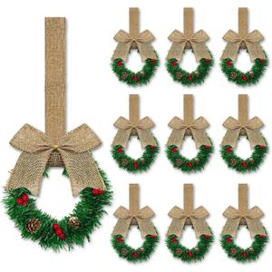 10 Pcs 6" Small Christmas Kitchen Cabinet Wreaths with Ribbon Mini Kitchen Cabinet Christmas Decor for Window Door (Linen Color)