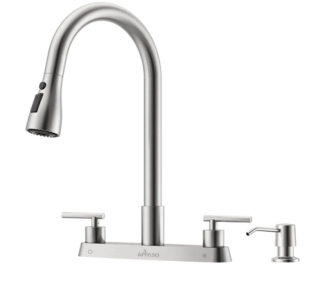 APPASO 2 Handle Kitchen Faucet with Sprayer, 4-Hole Kitchen Faucet with Pull Down Sprayer and Soap Dispenser, High Arc Stainless for 3 & 4 Hole RV Outdoor Sink, Brushed Nickel