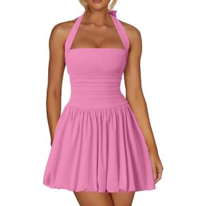 Kaximil Women's Sexy Halter Corset Mini Dress Bubble Ruched Waist Short Club Party Dresses, Large, Pink