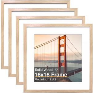 KINLINK 16x16 In Picture Frame, Natural Square Solid Wood Frames for Pictures 12x12 with Mat or 16x16 without Mat, Wall Display Photo Frames Natural Wood 4 Pack