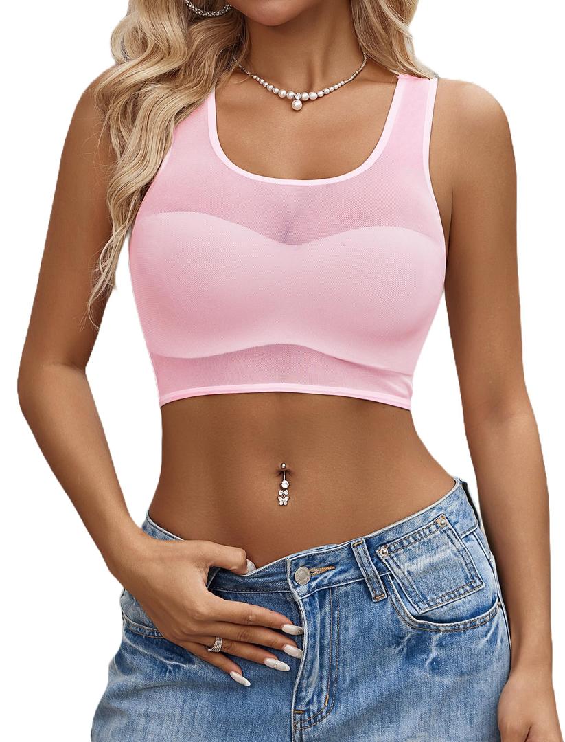 Avidlove Women's Mesh Tank Top Sexy Sheer See Through Sleeveless Vest Open Back Cutout Design Party Club Outfit Pink XXL (XXL)
