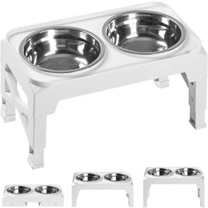 Hubulk Elevated Dog Bowls with 2 Stainless Steel Dog Food & Water Raised Bowls with No Spill Edge Non-Slip Stand Adjusts to 3 Heights(2.75", 6.0", 7.5") for Small Medium Dogs and Pet (White)