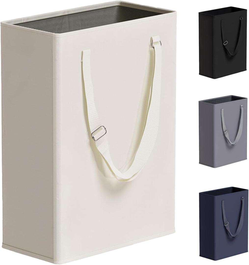 TECHMILLY Slim Laundry Hamper with Adjustable Long Handles, 45L Small Laundry Baskets with Mesh Top, Narrow Dirty Clothes Hamper for Bedroom, Closet, and Bathroom - Beige