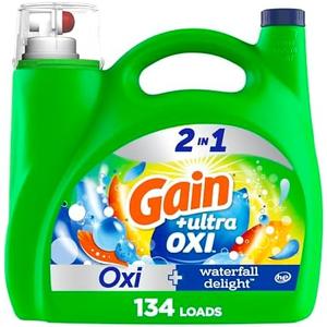 Gain Ultra Oxi Liquid Laundry Detergent, Waterfall Delight Scent, 194 fl oz, 134 loads, Freshness + Odor Fighting, High efficiency washing machine iquid cleaning soap