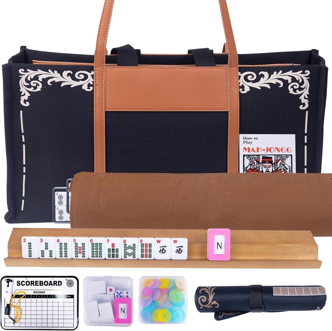 American Mahjong Set,Complete Game Kit, 166 Tiles Mahjong Tile Set with Wooden Pushers Racks, Carrying Bag, Mahjong Mat, Score Cards, Chips, Dice & Accessories Mahjong Set, 0.9 in 0.47 in 1.2 in