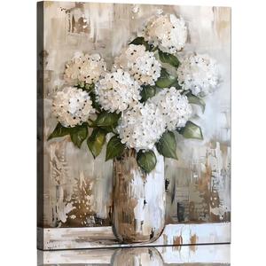 Bathroom Wall Art White Hydrangea Decor Flower Canvas Pictures Vintage Floral Painting for Bedroom Abstract Farmhouse Art Print for Dining Room Living Room Home Office Decorations 12x15 Inches