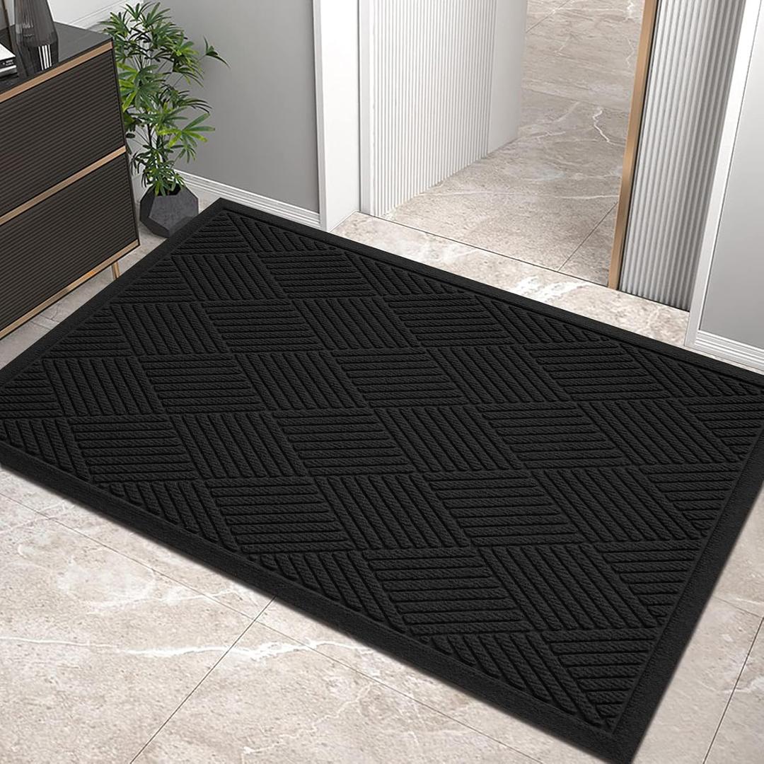 Sturdy Front Door Mat, Absorbent Muddy Dirt Resist Welcome Door Mats Outdoor Indoor, Stain and Fade Resistant, Non-Slip Rubber Backing Low Profile Doormat for Entryway, 36×24, Black