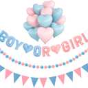 Gender Reveal Banner Set with Pre-Strung 3D Boy or Girl Felt Banner, Pom Pom Garland, Triangle Fabric Bunting, 12 PCS Pink Blue Heart Shaped Balloons, Baby Shower Decorations for Girls Boys Twins