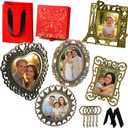 Mini Picture Frame Gift Set of 5  Vintage Metal Keepsake Frames for Anniversaries, Weddings & Meaningful Memory Gifts, Multi-Use Display (Tabletop, Magnet, Keychain) (Gift Box  Red)