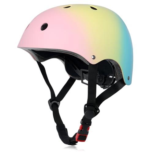 Kids Bike Helmet, Adjustable and Multi-Sport, from Toddler to Youth,  (Pink Yellow Blue), Size: Medium: 21.3" - 22.4"