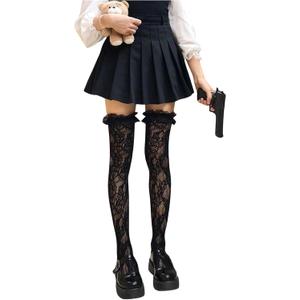 GORGLITTER Women's Lace Socks Ruffle Knee High Fishnets Cute Mesh Sheer Thigh High Stockings (Black)