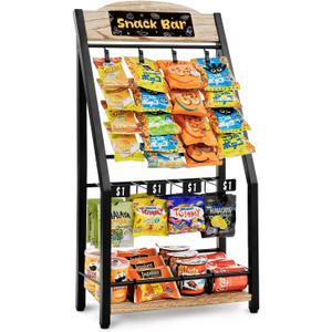Pinzoveco Chip Rack Display Stand, 4 Tiers 20 Clips Snack Organizer, 4 Hanger Strips Hooks Snack Candy Countertop Organizer Snack Holder, Portable Retail Display Shelf for Store, Kitchen, Party (Carbonized Brown)