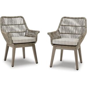 Signature Design by Ashley Beach Front Casual Outdoor Arm Chair with All-Weather Cushion, Set of 2, Resin Wicker with Aluminum Frame, 18.5" Seat Height, Beige