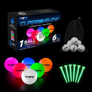 KINGTOP Upgraded Glow in The Dark Golf Balls - Super Bright Light Up LED Golf Ball - with Glow Golf Tees and Storage Bag - Fun Night Golfing Gift for Men and Women | Backyard Putting Greens (Classic Glow- Single Color- Impact Activated- 6Pack)