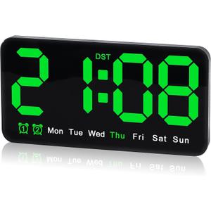 Large Digital Wall Clock,9.5 Inch,Led Alarm Clock with Big Digits,DST,Dual Alarm,3-Level Brightness for Living Room Bedrooms Classroom Decor-Green
