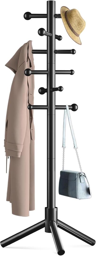 Wooden Coat Rack Freestanding with 12 Hooks 3 Adjustable HeightsStanding Coat Rack Tree for Hat and Coat Rack for Small Spaces Entryway,Office,Bedroom,Black