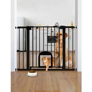 Babelio Upgraded Baby Gate with Cat Door, 29-43" Auto Close Durable Dog Gate for Stairs, Doorways and House, Easy Walk Thru Safety Gate with Pet Door Includes 4 Wall Cups, Black (29-43" Wide, 30" Tall)