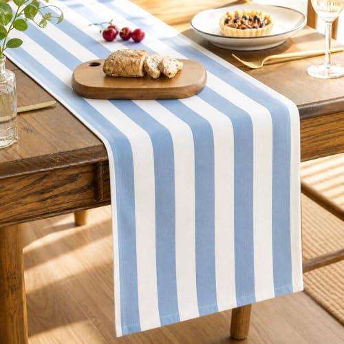 Folkulture Table Runner 108 Inches Long Blue & White Striped Cotton Coastal Farmhouse Table Runner for Dining Table, Summer Table Decor, Kitchen Decor, Wedding & Housewarming Gifts