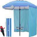 HOMEDEMO 7FT Beach Umbrella with Table & Anchor, Heavy Duty Windproof with UPF 50+ Sun Protection, Outdoor Umbrellas with Adjustable Aluminum Pole (Light and dark blue-white stripes)