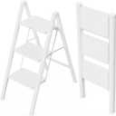 WOA WOA 3 Step Ladder, Folding Step Stool with Wide Pedals, Compact Stepping Stool for Kitchen, Sturdy Steel Ladders with Anti-Slip Feet, Supports up to 330 lbs - White