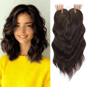 TYQ Hair Toppers for Women with Thinning Hair,14 Inch 360 3D Synthetic Curly Wavy Side Part Clip in Bangs(Dark Brown Mixed Chestnut)