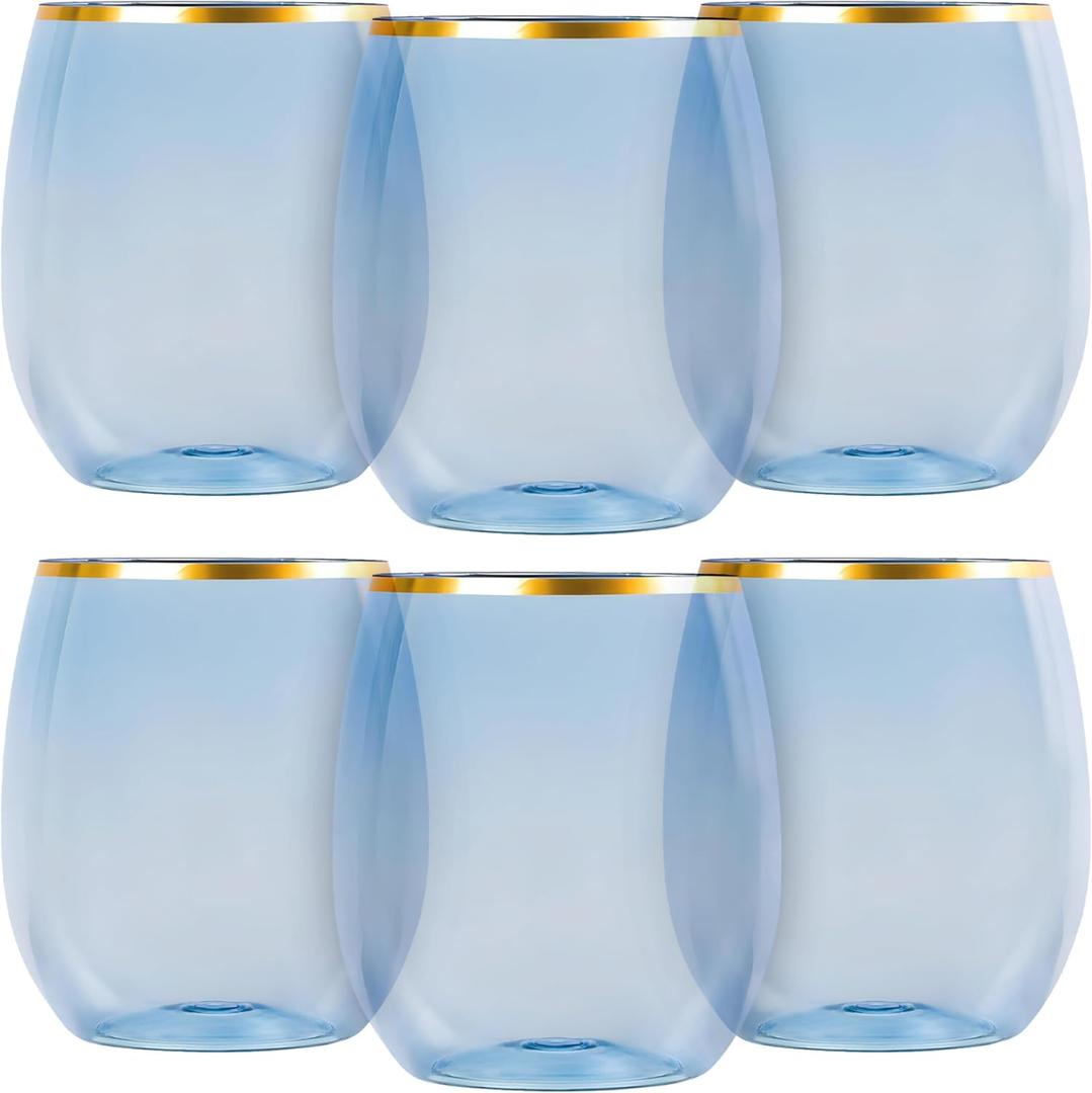 Elegant Stemless Blue Goblets With Gold Rim - 12 Oz. (Pack of 6) - Unique & Sophisticated Design - Perfect For Enhancing Tasting Experience