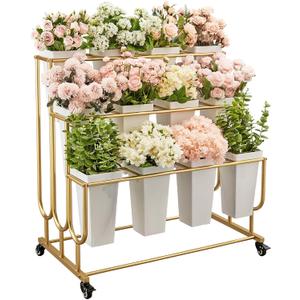 Flower Display Stand Frame, 3-Tier Flower Cart with Wheels, Metal Floral Display Rack , Moving Florist Bouquet Shelf for Shop , Flower Bar, Events (Gold - 3 Tier) , Without Flower Buckets