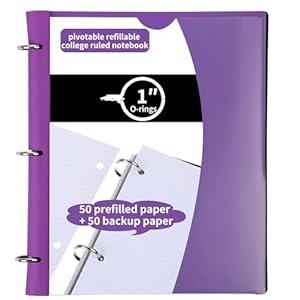 Tashkummy Pivotable Refillable Notebook, Upgraded 1 Inch 3 Ring Notebook Binder, 50 College Ruled Paper, 5 Subject Notebook with Dividers and Folder Pockets, Tabs- Purple