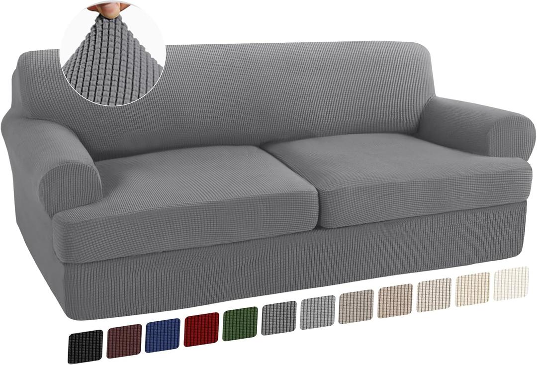 Turquoize 3 Piece T Cushion Sofa Slipcovers Stretch Couch Cover Furniture Covers with 2 Individual T Cushion Covers, Machine Washable (2 Cushion Sofa, Dove)