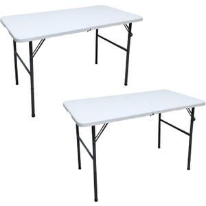 Plastic Folding Table 4FT - Lightweight & Portable Table for Camping, Picnic, Card Games - Indoor Outdoor Foldable Dining & Utility Table (White-2 Pack)