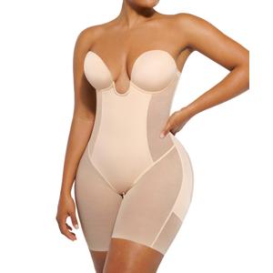 SHAPELLX Strapless Shapewear for Women Tummy Control U Plunge Backless Bodysuit Mid Thigh Full Body Shaper, No Size Mark