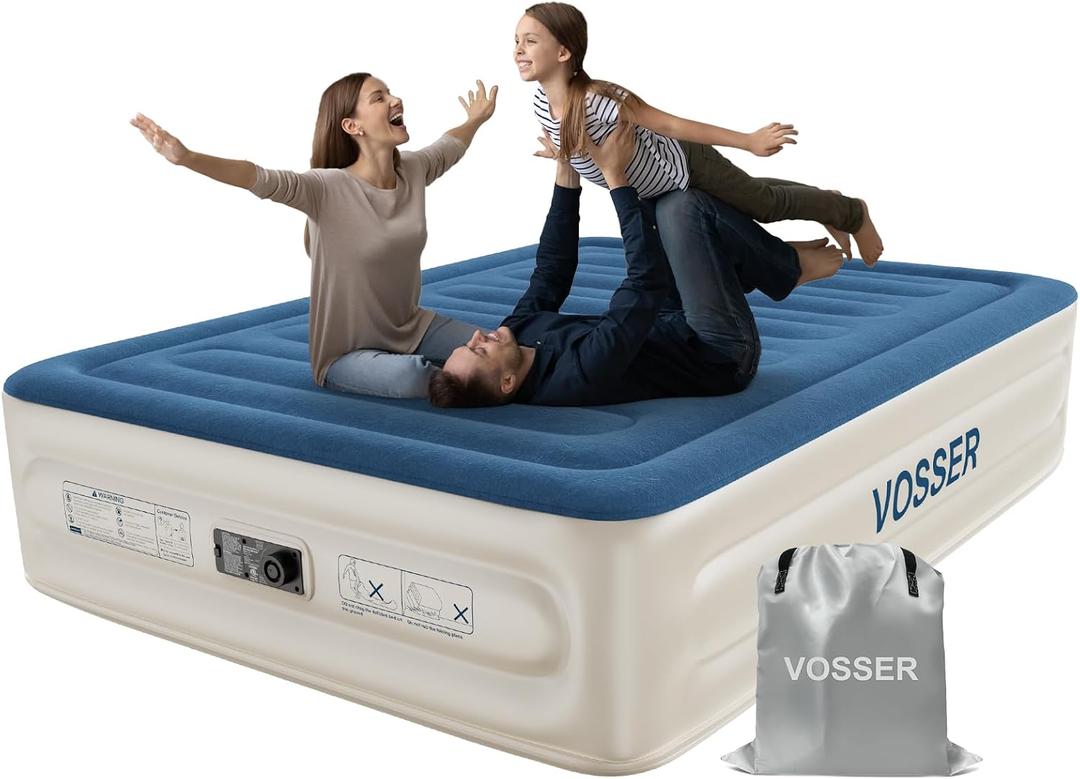 VOSSER Queen Air Mattress with Built-in Pump, Extra Thick Blow Up Mattress, Leak-Proof Air Bed with Storage Bag, Flocked Top Inflatable Mattress for Home, Camping & Guests 660lbs, Queen 15''(Standard Height)