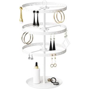 3 Tiers Metal Rotating Earring Holder Organizer Stand Adjustable Display Tree, 126 Holes Large Carousel Rack for Stud Hoop Pierced Dangling Women Girls, Perfect View for All Earrings (White)