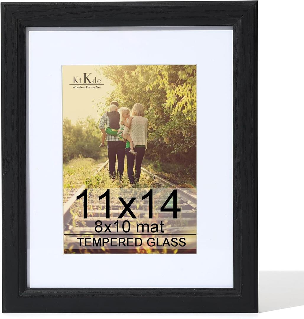 KTKDE 11x14 Picture Frame Real Glass, Display Pictures 8x10 with Mat or 11x14 Without Mat, Modern Style Wood Composite Frame,Gallery Wall Frame Wooden Black best gift