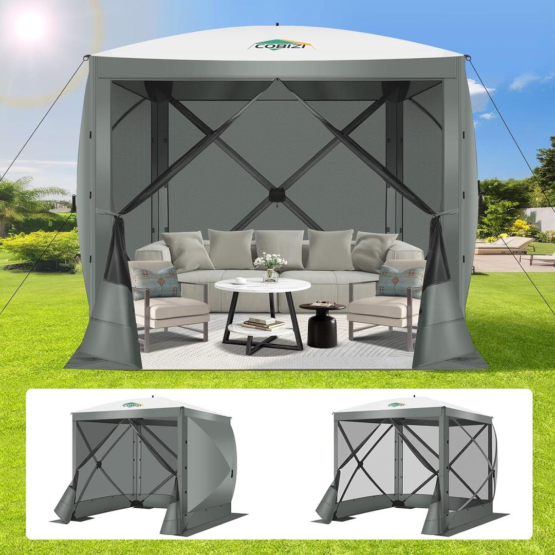 COBIZI Pop Up Gazebo Screen Tent Screen House for Camping, 8FTx8FT Screen Room with Sidewalls and Mosquito Netting, Hub Tent Instant Screened Canopy with Carrying Bag and Ground Stakes, Gray