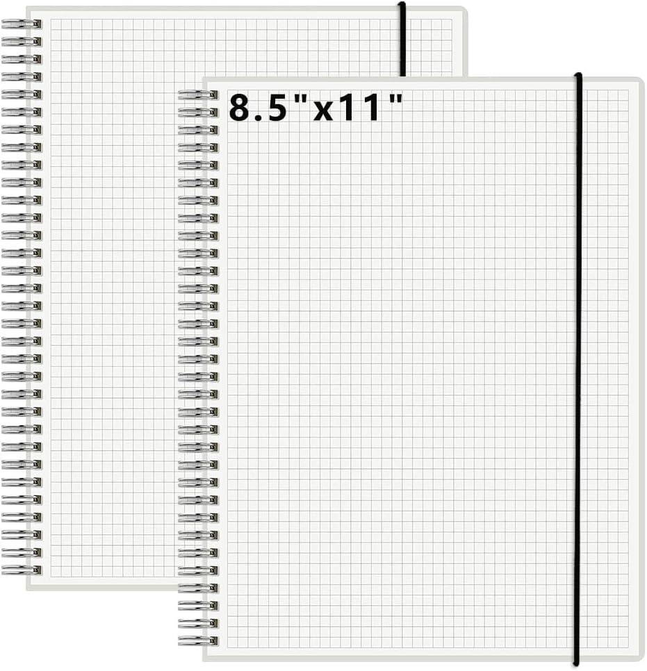 120 GSM Thick Paper Graph Spiral Notebooks 8.5" 11" with Removable Elastic Band and Transparent Hard Cover, 2PCS Large Size Grid Notepads 160 Pages per Pack for Students, Engineers (2 Pack, A4)