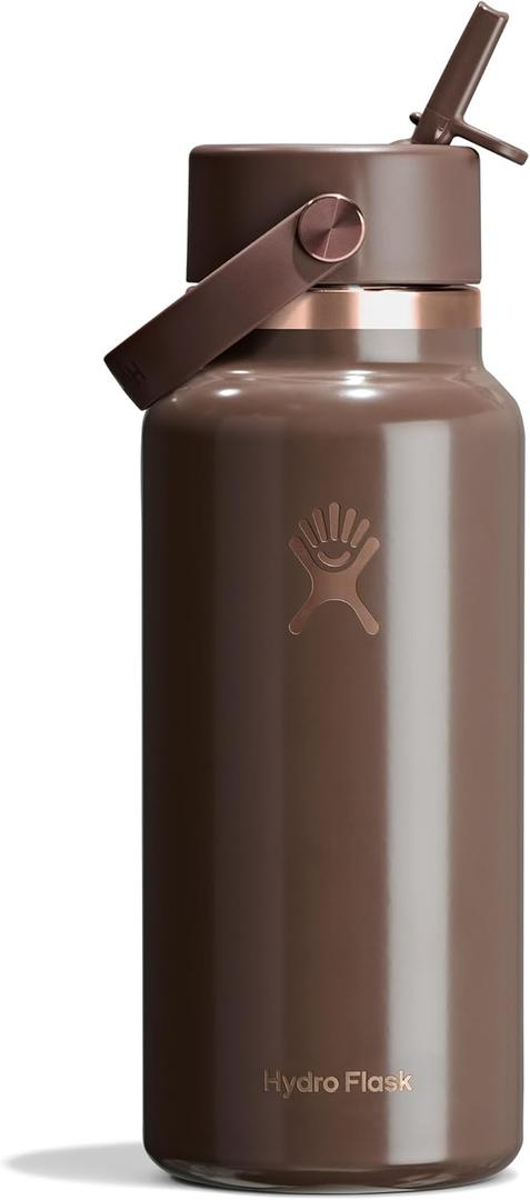 Hydro Flask Water Bottle - Insulated Stainless Steel - Wide Mouth Flex Straw Lid, Non Spill, Leakproof and Refillable in 32 Oz Chocolate Rose Gold