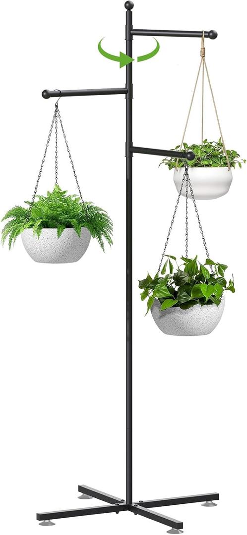Zononoca Hanging Plant Stand Indoor, 3 Rotating Bars Indoor Plant Hanger Stand, Black Metal Hanging Plant Holder, Standing Plant Hanger