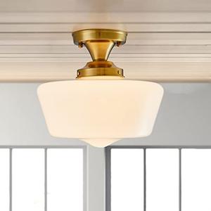 youngrender Schoolhouse Light Fixture Modern Gold Ceiling Light,Semi Flush Mount Ceiling Light,12''Wide Opal Milk Glass Shade,Brass Schoolhouse Light for Farmhouse Bedroom Bathroom Hallway Kitchen