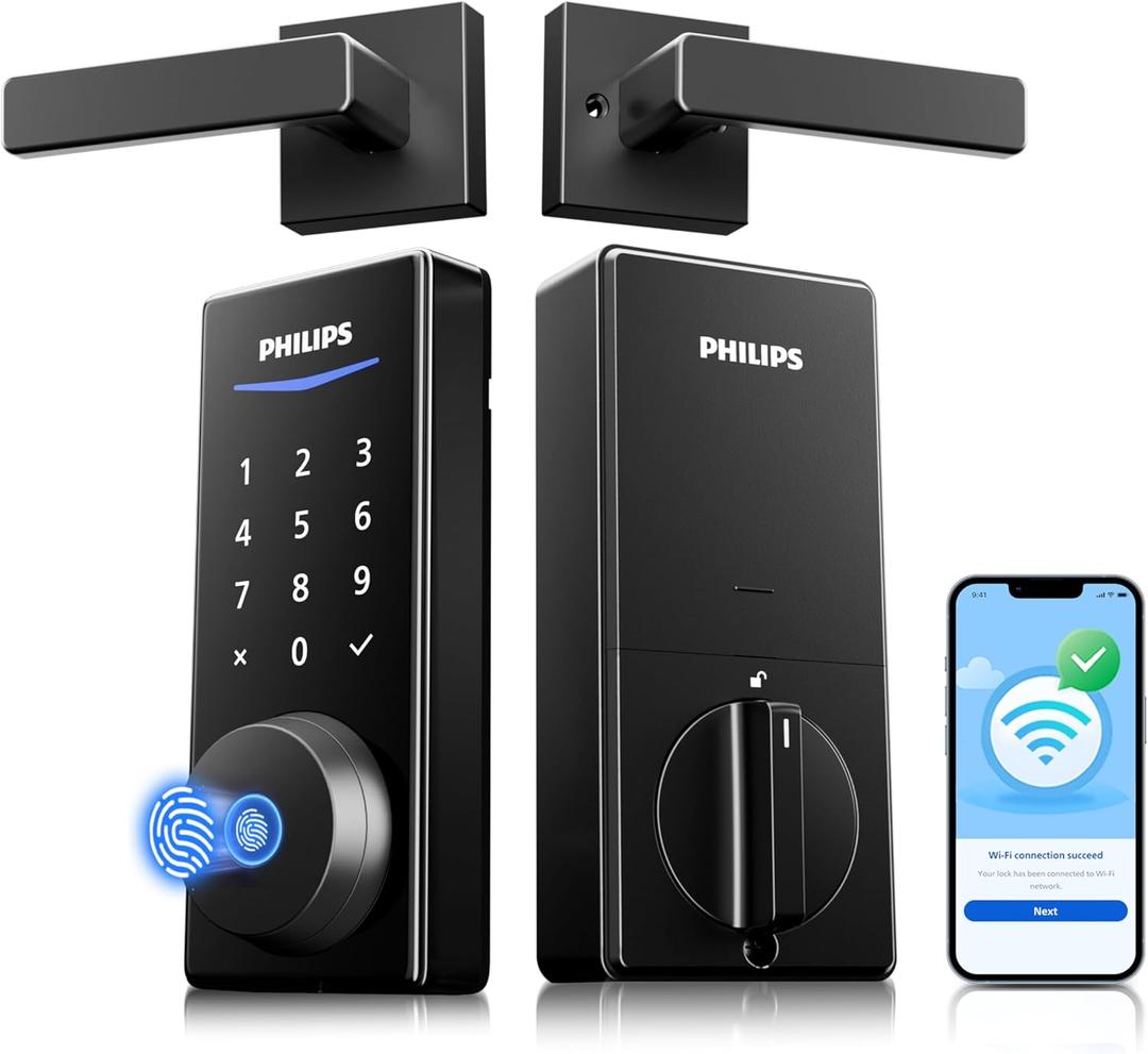 Philips Wi-Fi Smart Lock with Handles, WiFi Keyless Entry Front Door Lock Set, Keypad Deadbolt with Handle App Fingerprint Code Unlocking, Auto Locking, Built-in WiFi, Remote Control & Voice Unlock (Matte Black)